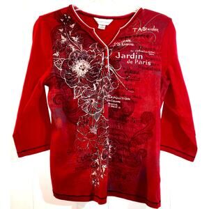 Christopher & Banks Parisian small red knit with sparkles throughout the florals